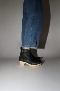 5" Leather Clog Buckle Boot on Mid Heel in Black^No.6 Store Hot