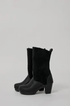 9" Pull On Shearling Clog Boot on High Heel in Black Suede on Black Base^No.6 Store New