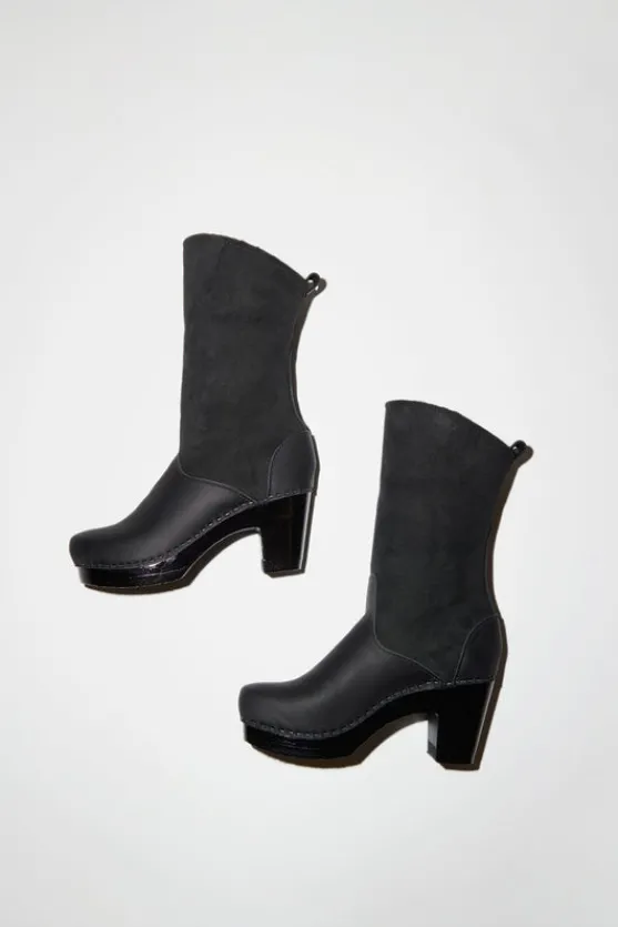9" Pull On Shearling Clog Boot on High Heel in Black Suede on Black Base^No.6 Store New