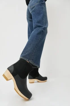 5" Pull on Shearling Clog Boot on Mid Heel in Black Suede^No.6 Store Sale
