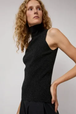 Cashmere Mock Collar Rib Top in Black Melange^No.6 Store Discount