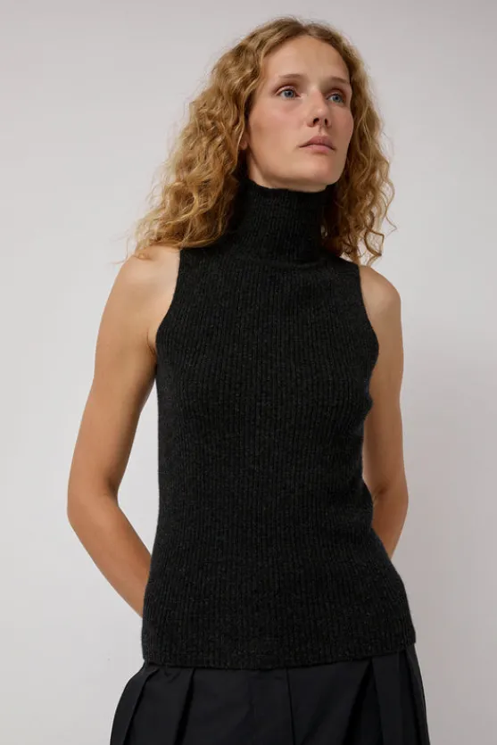 Cashmere Mock Collar Rib Top in Black Melange^No.6 Store Discount