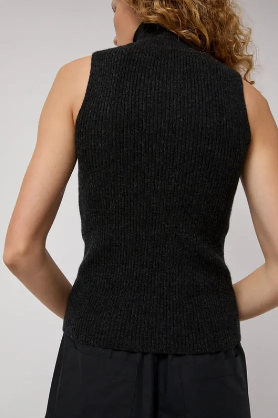 Cashmere Mock Collar Rib Top in Black Melange^No.6 Store Discount