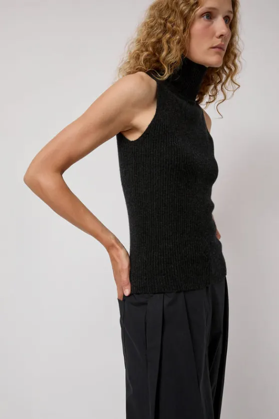 Cashmere Mock Collar Rib Top in Black Melange^No.6 Store Discount