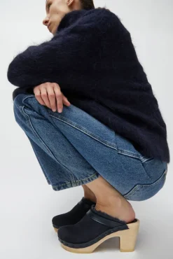 Dakota Shearling Clog on High Heel in Navy Suede and Night^No.6 Store Fashion