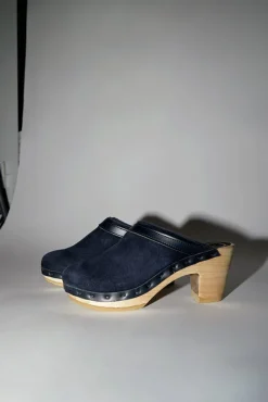 Dakota Shearling Clog on High Heel in Navy Suede and Night^No.6 Store Fashion