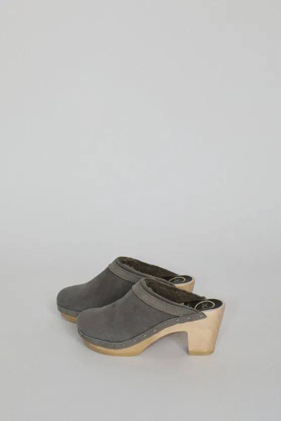Dakota Shearling Clog on High Heel in Smoke Suede and Cloud^No.6 Store Hot