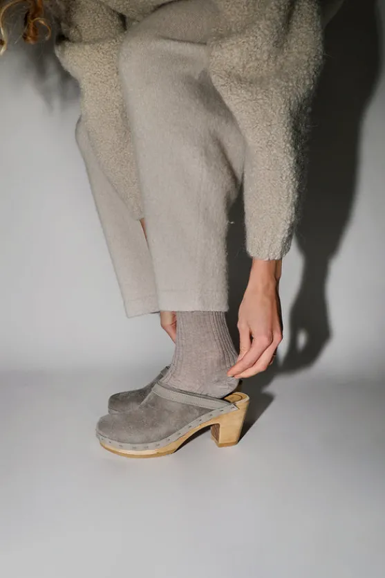 Dakota Shearling Clog on High Heel in Smoke Suede and Cloud^No.6 Store Hot