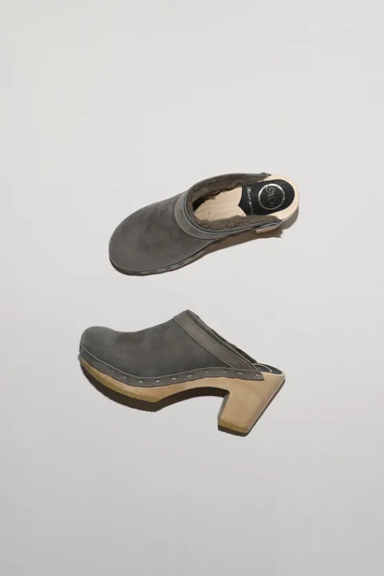 Dakota Shearling Clog on High Heel in Smoke Suede and Cloud^No.6 Store Hot