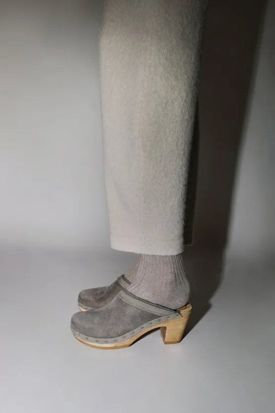 Dakota Shearling Clog on High Heel in Smoke Suede and Cloud^No.6 Store Hot