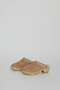 Dakota Shearling Clog on Mid Heel in Fawn Suede and Bone^No.6 Store Outlet