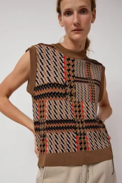 Dust Knitted Vest in Orange Mixed Checks^No.6 Store New