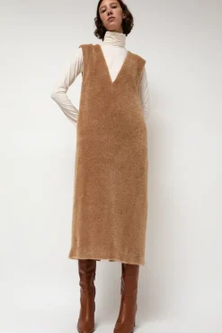 Eco Fur Deep V Dress in Camel^No.6 Store Sale
