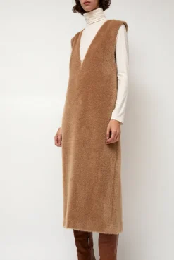 Eco Fur Deep V Dress in Camel^No.6 Store Sale