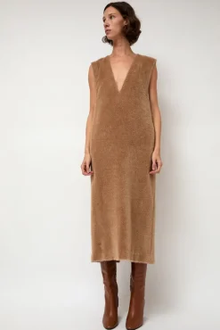 Eco Fur Deep V Dress in Camel^No.6 Store Sale