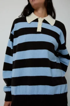 Edith Stripe Polo Sweater in Dark Brown and Pale Blue^No.6 Store Fashion