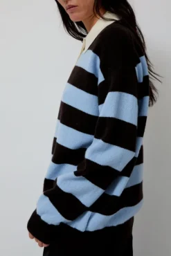 Edith Stripe Polo Sweater in Dark Brown and Pale Blue^No.6 Store Fashion