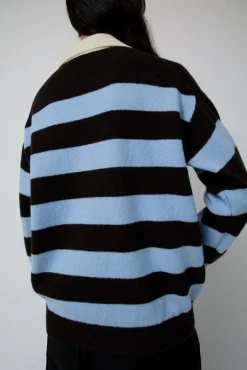 Edith Stripe Polo Sweater in Dark Brown and Pale Blue^No.6 Store Fashion