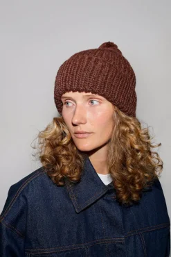 Fold Up Long Pom Pom Beanie in Dark Brown^No.6 Store Outlet