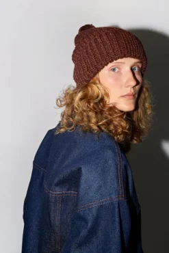 Fold Up Long Pom Pom Beanie in Dark Brown^No.6 Store Outlet