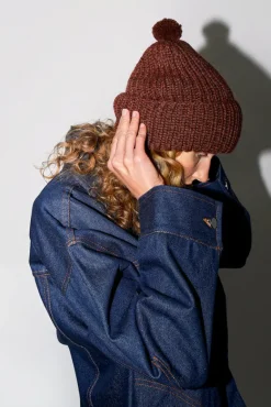 Fold Up Long Pom Pom Beanie in Dark Brown^No.6 Store Outlet