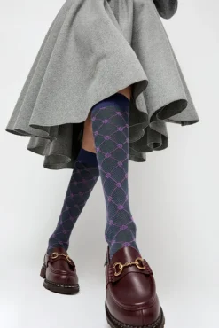 Knee High Clover Patterned Socks in Bluette^No.6 Store Hot