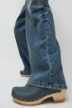 Old School Studded Clog on Mid Heel in Denim Printed Leather^No.6 Store Best