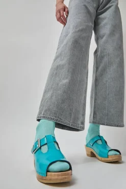 T Strap Clog on Mid Heel in Turquoise Patent^No.6 Store Clearance