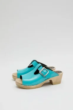 T Strap Clog on Mid Heel in Turquoise Patent^No.6 Store Clearance