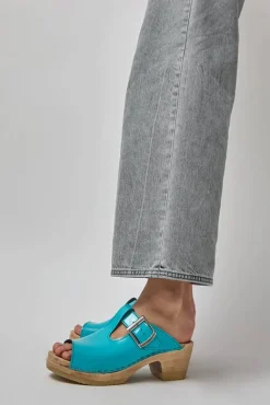 T Strap Clog on Mid Heel in Turquoise Patent^No.6 Store Clearance