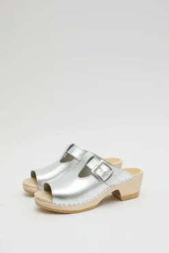 T Strap Clog on Mid Heel in Silver^No.6 Store Outlet