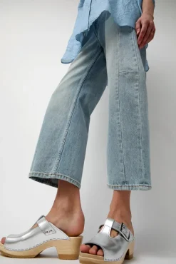 T Strap Clog on Mid Heel in Silver^No.6 Store Outlet