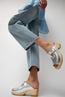 T Strap Clog on Mid Heel in Silver^No.6 Store Outlet