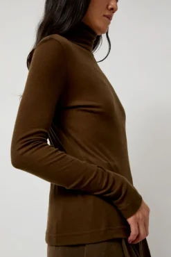 Thin Ribbed Roll Neck Top in Brown^No.6 Store Sale