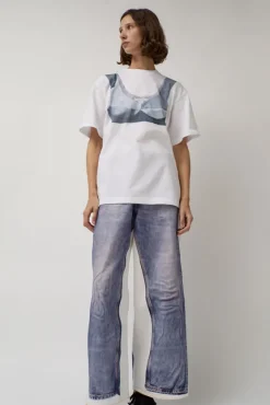 T-Shirt with Augmented Denim Top in White^No.6 Store New