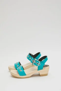 Two Strap Clog on Mid Heel in Turquoise Patent with Eyelets^No.6 Store Discount